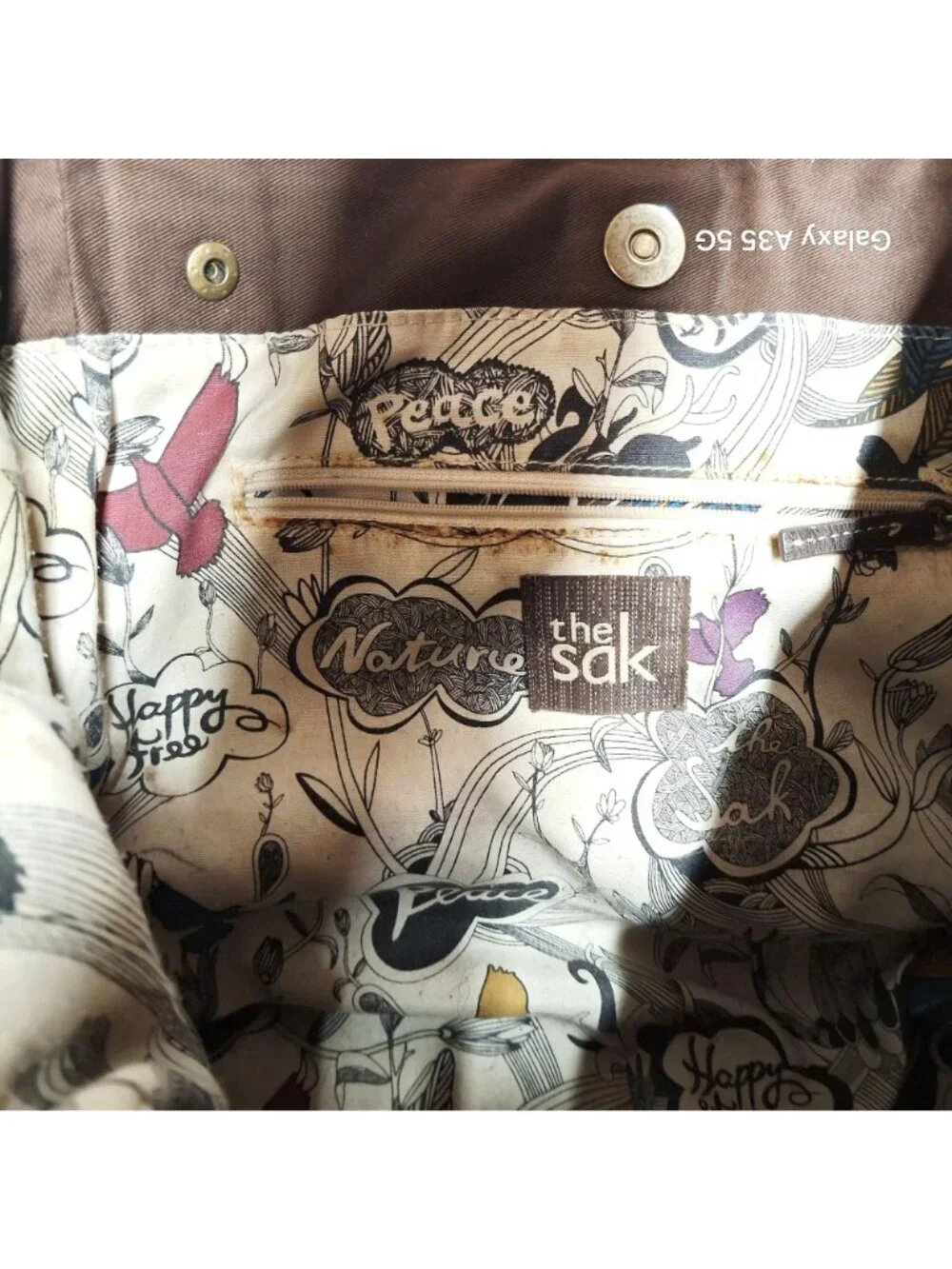 The Sak Brown Pebbled Leather Shoulder Bag With Printed Fabric Lining & Brass Ha